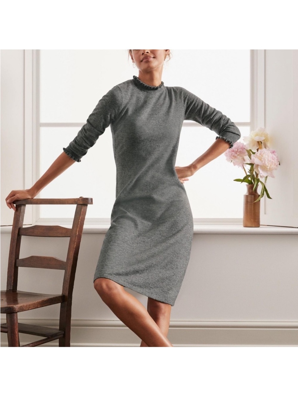 Boden Lara Sweater Dress Wool Cashmere Blend Ruffle-Trim Long-Sleeve Gray